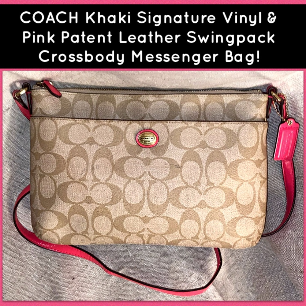 COACH Khaki Signature & Pink Leather Crossbody Bag